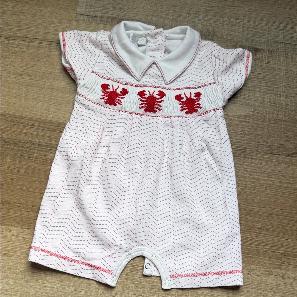 White and Red Kids Bodysuit Smock with Embroidery Lobster Design